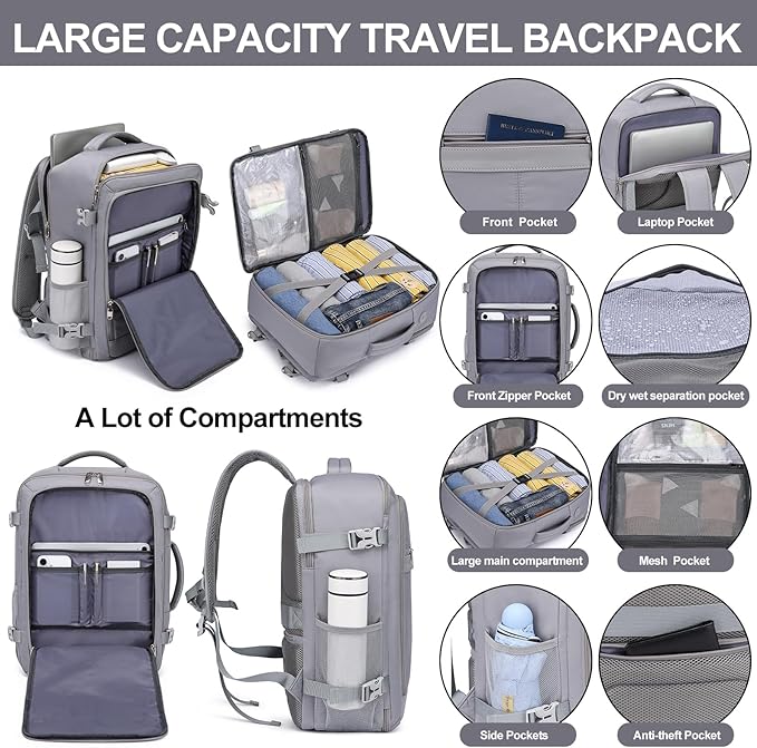 EZUOLA Personal Item Travel Backpack for Men Women,Carry On Backpack with Shoe Pouch, TSA 15.6inch Laptop Mochila Flight Approved,College Teacher Bag Casual Daypack for Hiking Outdoor Weekend,Grey