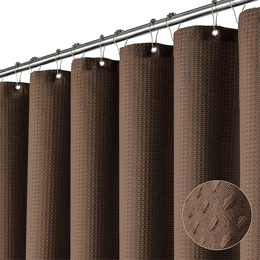 Dynamene Extra Wide Shower Curtain - 84 Inch Wide Waffle Weave Weighted Thick Cloth Bathroom Shower Curtain, Neutral Heavy Duty Hotel Bath Curtain Set with 14 Plastic Hooks, 84x72, Brown