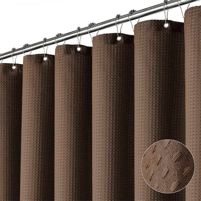 Dynamene Extra Wide Shower Curtain - 180 Inch Wide Waffle Weave Weighted Thick Cloth Bathroom Shower Curtain, Neutral Heavy Duty Hotel Bath Curtain Set with 32 Plastic Hooks, 180x72, Brown