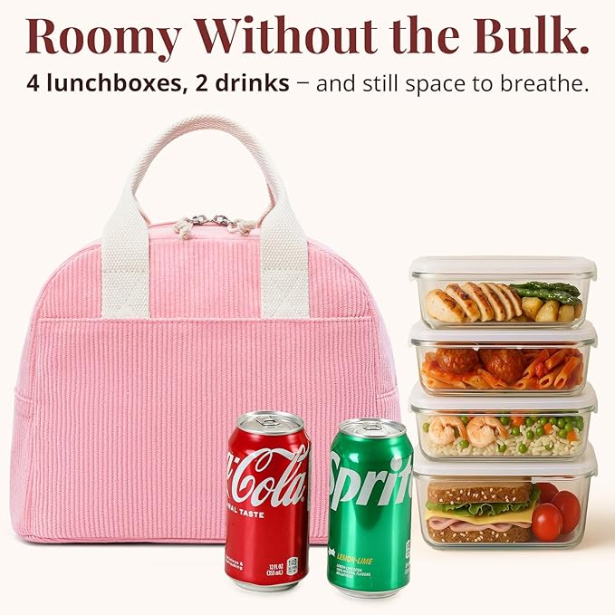 LOVELYWIND Insulated Sugar Pink Lunch Bag for Women, Stylish Corduroy Tote with Aluminum Lining, Large Capacity Reusable Cooler for Work, Travel, or Beach, Beige Cream Water-Resistant Lunch Box