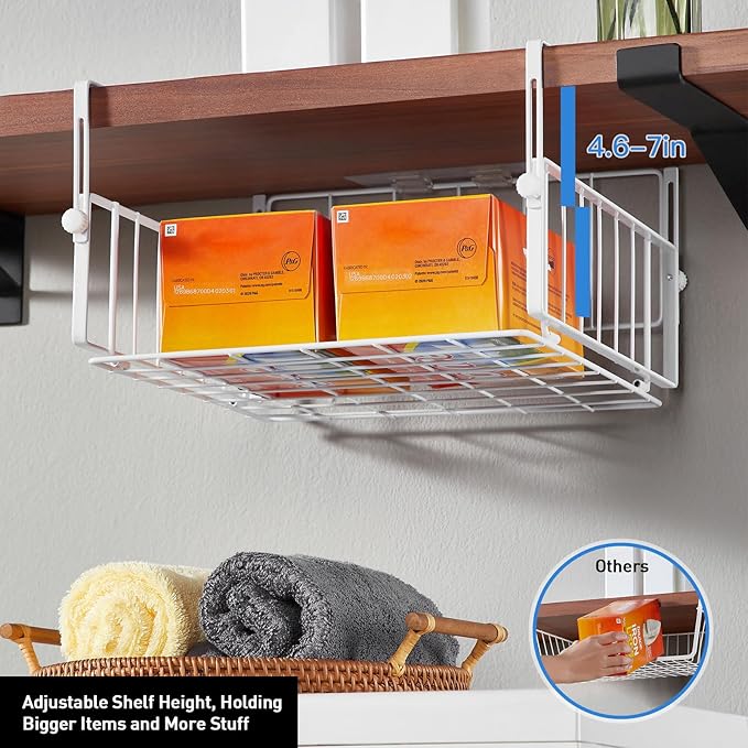 AmonHouseware 2 Pack Hanging Under Shelf Storage Basket,Adjustable Under Cabinet Add-on Storage Racks Slide-in Baskets Organizer for Laundry Room Kitchen Pantry Desk Bookshelf, White