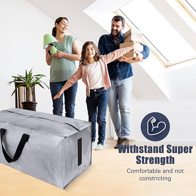 HOMESURE 4 Pack Large Strong Bags with Zippers & Carrying Handles - Water-Resistant - Heavy Duty Storage Tote for Space Saving Storage, Fold Flat, Alternative to Moving Box (Silver)