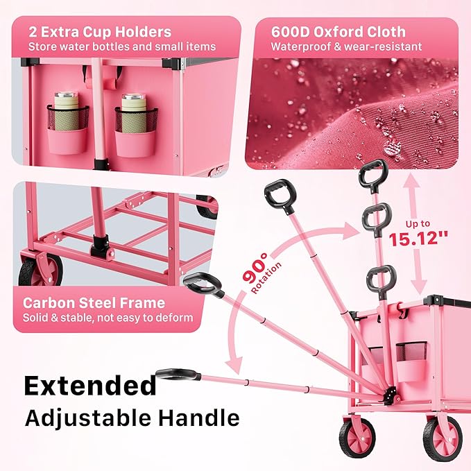 29.3" Collapsible Wagon Cart, 150L Heavy Duty Folding Utility Wagon with Wheels, 260 lbs Load, Portable Rolling Cart for Garden, Shopping, Sports, Camping, Pink