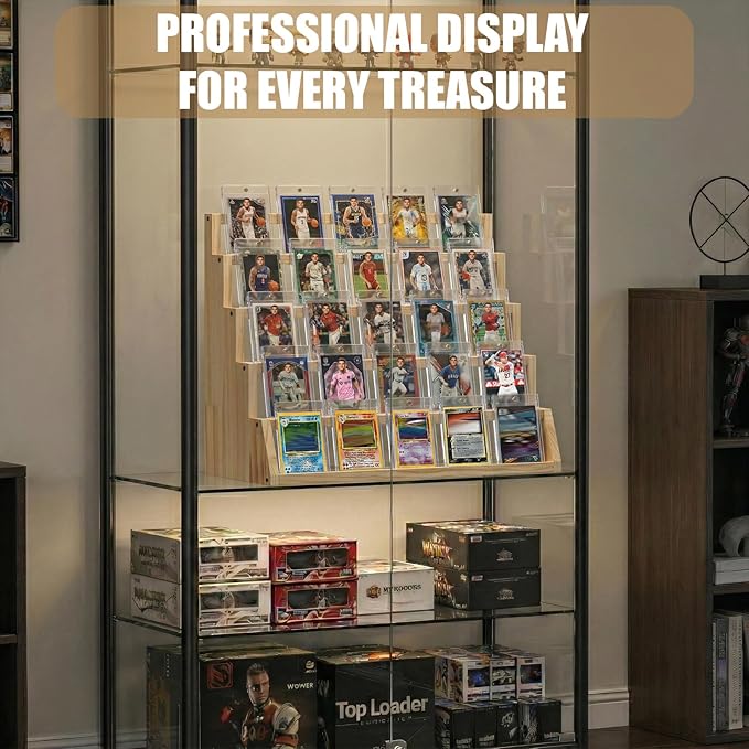 5 Tier Wooden Card Display Stand – Vertical Card Holder Display for Trading Cards, Game Cards, Sports Cards, Graded PSA/BGS/SGC, Baseball, Basketball&Football(Soccer) Card Stand, Desk & Shelf Organize,Natural