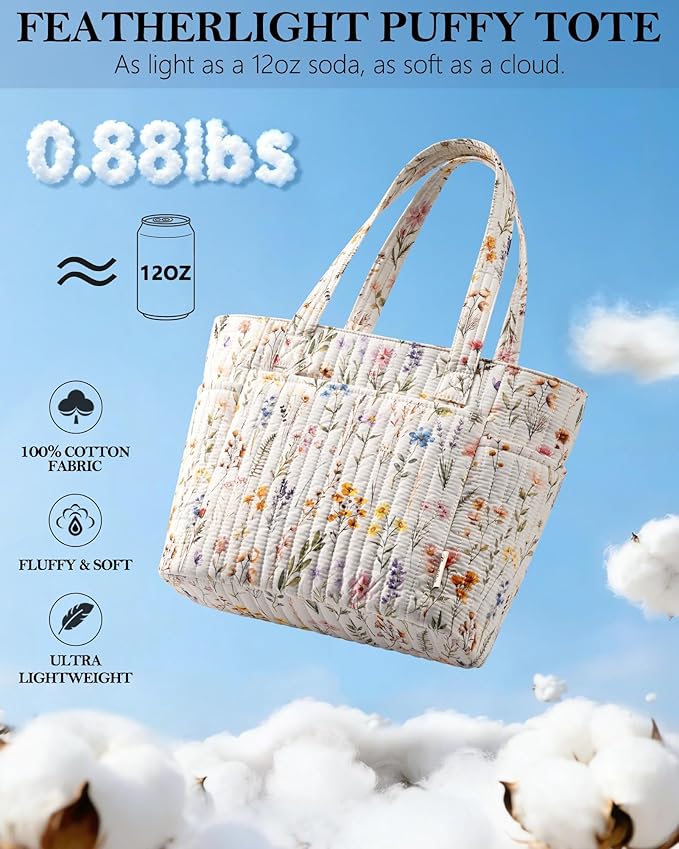 Bagstellar Puffer Tote Bag for Women, Quilted Cotton Laptop Work Tote Shoulder Bag for College School, Teacher, Nurse, Travel | Top Full-zip Closure