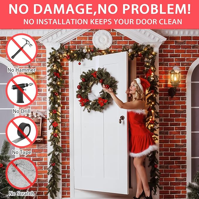 12” Metal Over the Door Wreath Hanger for Front Door, 2 Pack Non-Scratch Door Hook for Hanging Christmas Wreaths, Holiday Decor & Welcome Signs, Durable Wreath Hanger Hooks for Home Decoration, White