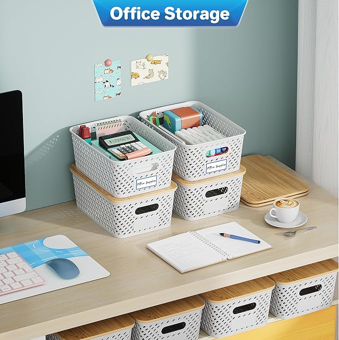 Anysig 8 Packs Plastic Storage Bins with Bamboo Lids - Stackable Storage Bins Decorative Small Basket Containers for Organizing Shelves Office Classroom Desktop Closet, Cream White