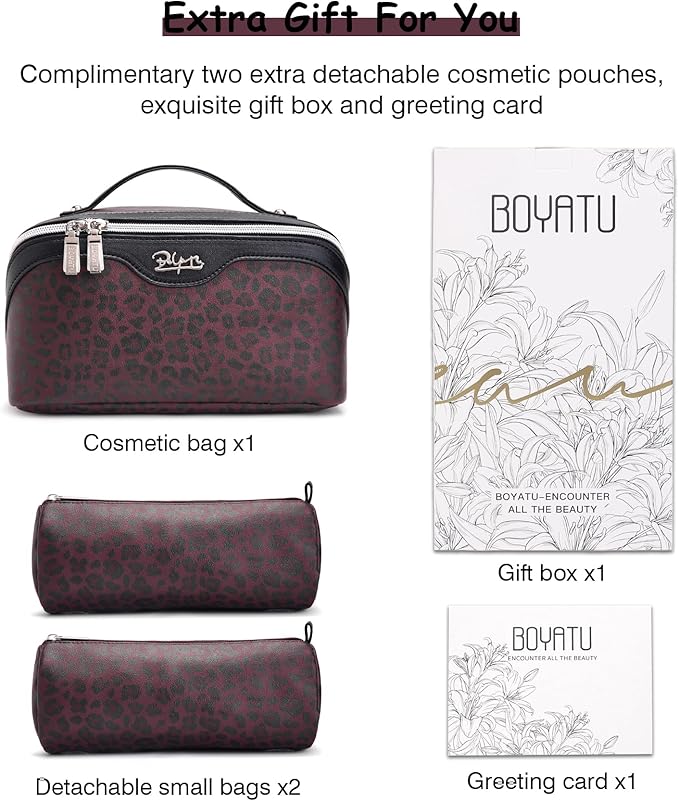 Travel Makeup Bags Organizer for Women: 3 Pcs Set Cosmetic Bag - Large Make up Bag with Compartments - Flat Open Waterproof Leather Toiletry Bags for Skincare, Brushes & Travel Essentials - Red