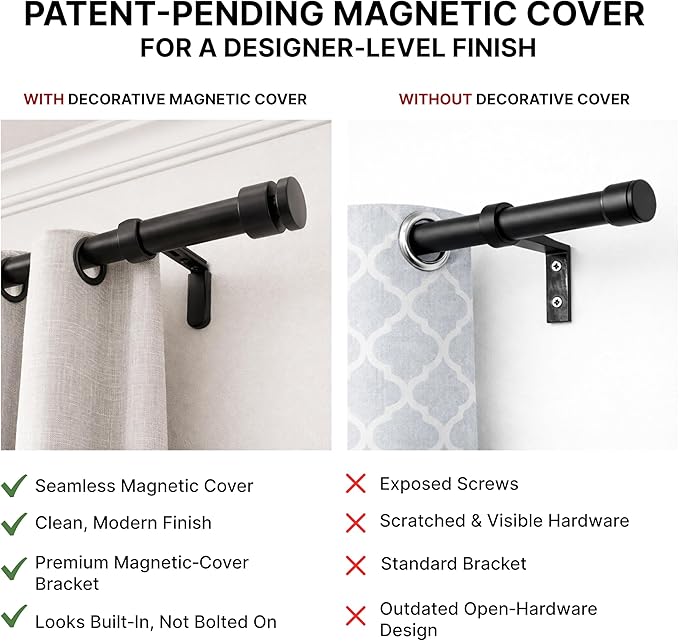 Adjustable Curtain Rod Brackets for Wall with Magnetic Cover, 5 inch Long Heavy Duty Curtain Rod Holders Extended Brackets, Window Hardware Holders Adjustable Mounting Hardware Support Black Set of 3