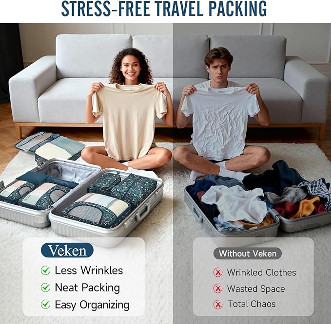 Veken 8 Set Packing Cubes for Travel Essentials, Suitcase Organizer Bags in 4 Sizes, Carry-On Luggage Accessories with Large Laundry & Shoes Bag, Must-Have for Airplane, Road Trip & Camping