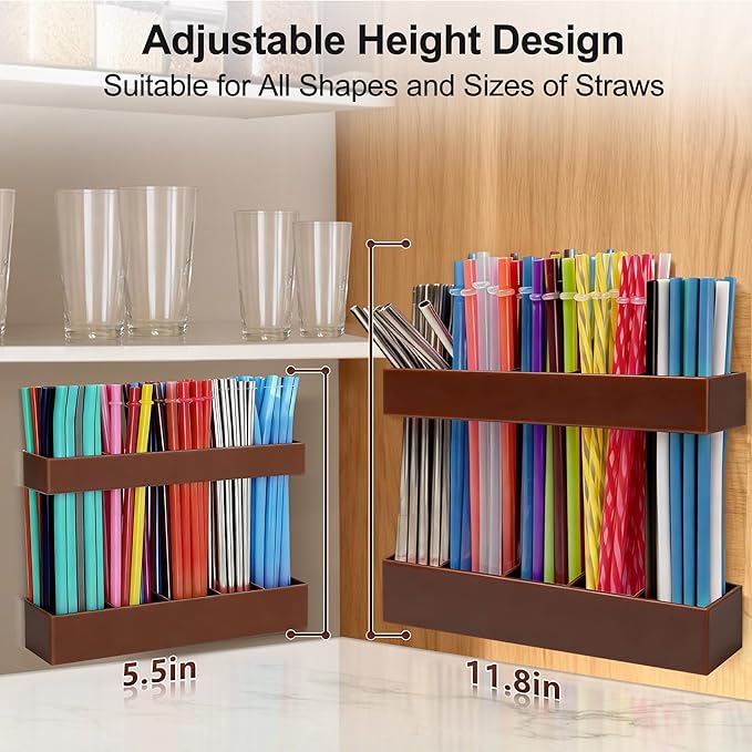 9.5” Large Acrylic Straw Holder for Cabinet Door, Reusable Adjustable Two-Part Straws Organizer with Ultra Sticky Adhesive Strips, 2026 Straw Storage for Kitchen Cupboard