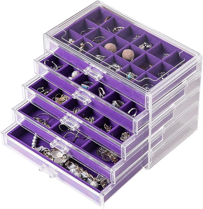 Frebeauty Acrylic Jewelry Organizer Earring Organizer Box with 5 Drawers Earring Holder Organizer with Velvet Trays Clear Jewelry Box for Women Earring Display for Rings Studs(Purple)