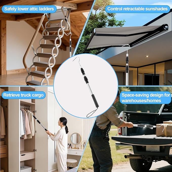 17"-35"Stainless Steel Telescopic Pole with Heavy-Duty Wall Mount Ring & Curved Hook for Attic Stair Pull Down System, Interchangeable Clothes Hook, Easy to Hang Garments, Flower Pots and Bird Feeders