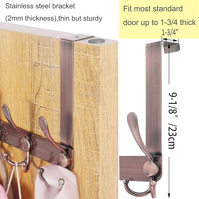WEBI Over The Door Hook Rack with 5 Tri Hooks for Hanging Coats,Door Hanger Over Door Towel Rack Door Coat Towel Hanger Door Coat Rack,Antique Copper