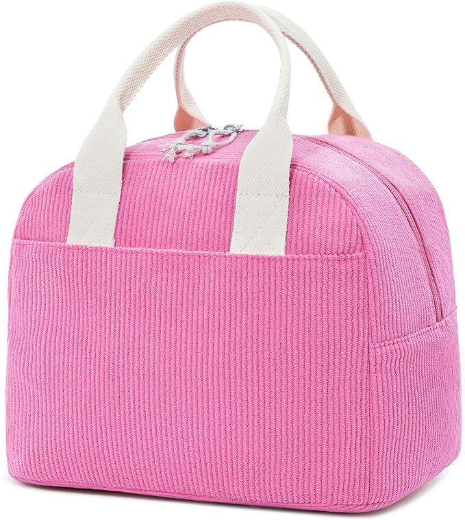 LOVELYWIND Insulated Vintage Pink Lunch Bag for Women, Stylish Corduroy Tote with Aluminum Lining, Large Capacity Reusable Cooler for Work, Travel, or Beach, Beige Cream Water-Resistant Lunch Box