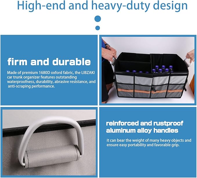Trunk Organizer, LIBZAKI Cargo Organizer, Premium Multi Compartments Collapsible Portable Trunk Storage for auto, SUV, Truck, Minivan -Grey