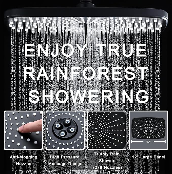 BOZYBO Rain Shower Head with Handheld: High Pressure Shower Heads with Handheld Spray Combo, 12" Rainfall Shower Head and 9 Sprays Hand Showerheads with Magnetic Docking and Power Jets, Black 2.5GPM