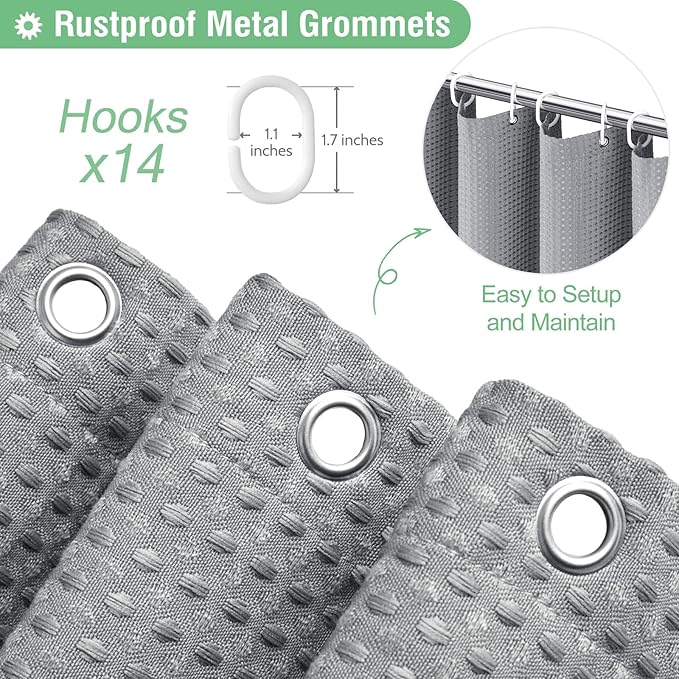 Dynamene Extra Wide Shower Curtain - 84 Inch Wide Waffle Weave Weighted Thick Cloth Bathroom Shower Curtain, Neutral Heavy Duty Hotel Bath Curtain Set with 14 Plastic Hooks, 84x72, Grey/Gray