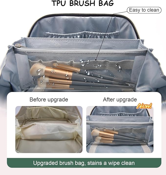 Travel Makeup Bags Organizer for Women: 3 Pcs Set Cosmetic Bag - Large Make up Bag with Compartments - Flat Open Waterproof Leather Toiletry Bags for Skincare, Brushes & Travel Essentials - Green