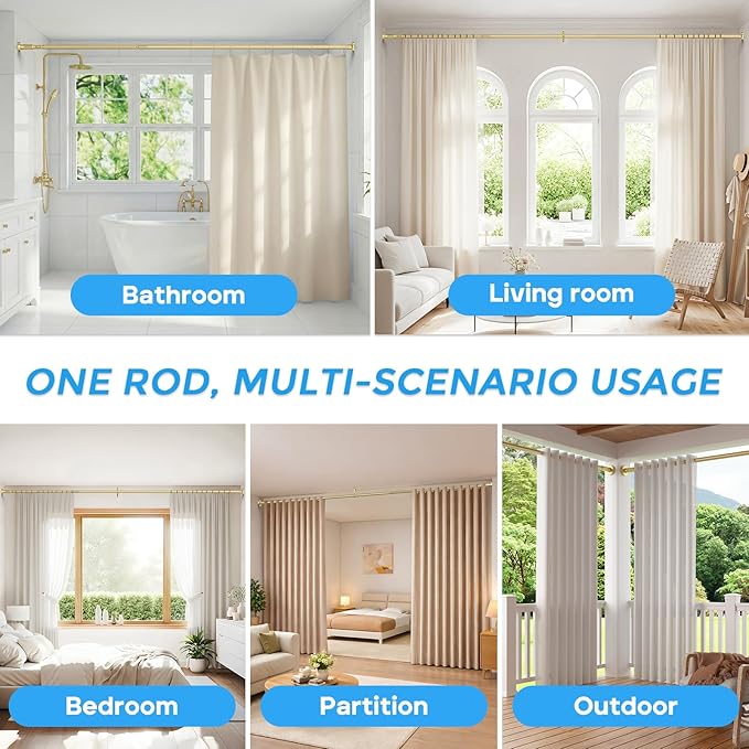 AIZESI 41-182 Inch Heavy Duty Gold Tension Curtain Rod - No Drilling, Adjustable, Rust-Proof for Outdoor, Living Room, Bathroom