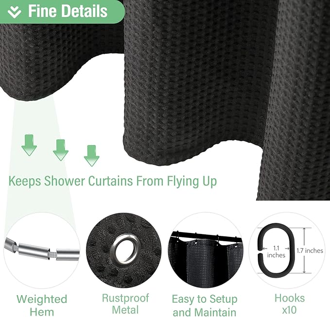 Dynamene 60 inch Stall Shower Curtain - Waffle Weave Heavy Duty Thick Fabric Shower Curtains for Bathroom,Weighted Hotel Spa Luxury Cloth Bath Curtain Set with 10 Plastic Hooks,60x72, Black