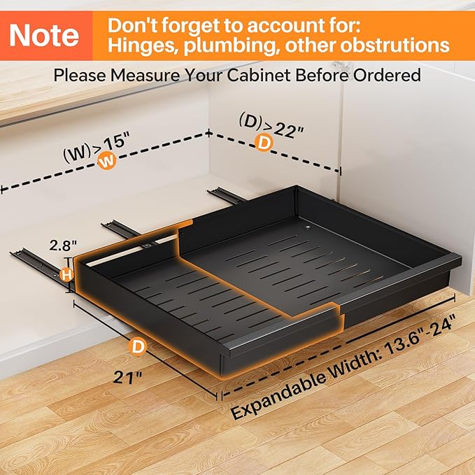 Pull out Cabinet Organizer, 2-Pack Expandable(13.6"-24") Silde out Drawers with Raising Pad for Framed Cabinets, Adjustable Full-Extension Adhesive Roll out Shelves for Kitchen Pantry Home Pot and Pan