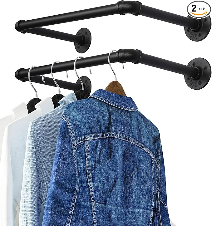 OROPY Industrial Pipe Clothes Rack 21.2” Set of 2, Heavy Duty Wall Mounted Black Iron Garment Bar, Multi-Purpose Clothing Hanging Rod for Laundry Room and Closet Storage