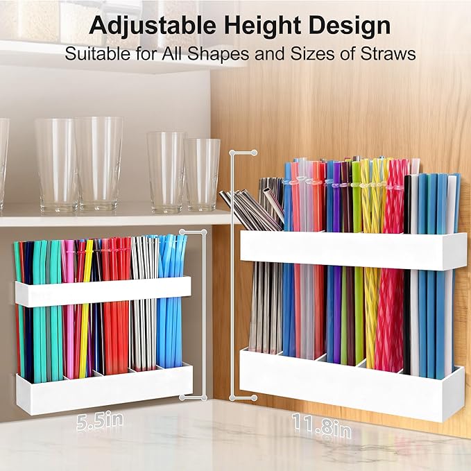 9.5” Large Acrylic Straw Holder for Cabinet Door, Reusable Adjustable Two-Part Straws Organizer with Ultra Sticky Adhesive Strips, 2026 Straw Storage for Kitchen Cupboard