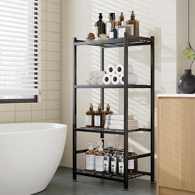Small Storage Shelves, 4-Tier Metal Shelving Unit with Adjustable Feet, Compact Shelf Organizer for Garage, Kitchen, Pantry and Closet Organization, 17.7" x 11.8" x 43.3" ，Black