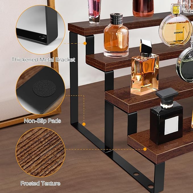 HomePekite Dark Brown Wood Cologne Organizer for Men,12 Inch Cologne Stand Waterproof Perfume Organizer for Dresser with Anti-Slip Washers,Wooden Display Risers Stand