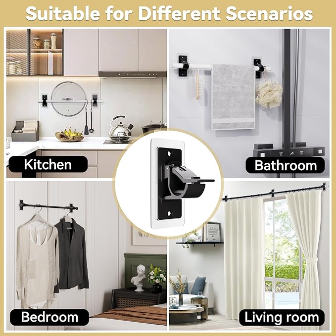 16PCS No Drill Curtain Rod Brackets, Self Adhesive Curtain Rod Holders, No Hole, Multipurpose Curtain Rod Hooks for Bathroom Living Room Kitchen and Bedroom (Black)