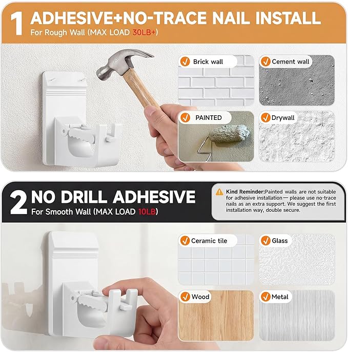 Universal Heavy Duty Curtain Rod Brackets, No Drill Curtain Rod Brackets with Adhesive & Invisible Nail, 30+LB Load Curtain Rod Holders, Damage Free Curtain Rod Hooks for Wall, Bathroom, Kitchen 8PC