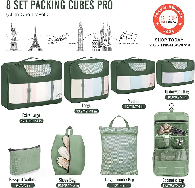 Veken 8 Set Packing Cubes for Travel Essentials, Suitcase Organizer Bags in 4 Sizes, Carry-On Luggage Accessories with Large Laundry & Shoes Bag, Must-Have for Airplane, Road Trip & Camping