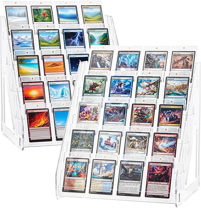 DEEIF 2 Pack Acrylic Trading Card Display Stand, 5-Tier Clear Shelf Holds Up to 40 Cards, 12" Wide Card Holder for Top loaders & Magnetic Cases, Large Storage for TCG, MTG Cards