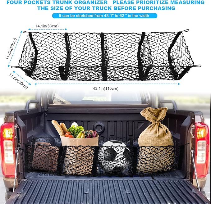 Grocery Net for Truck Bed – Heavy Duty 4-Pocket Cargo Net for Pickup Truck, Elastic Stretchable Truck Bed Storage Net Prevents Groceries from Sliding, Universal Fit for SUV F-150 Tacoma Silverado RAM