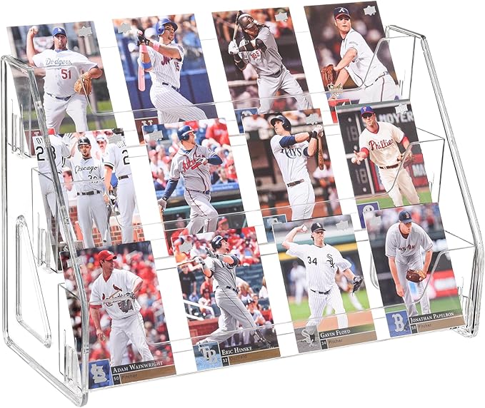 CELSOL Upgraded 3 Tier Acrylic Card Display Stand, Clear Display for Trading Cards, Greeting Cards, Sports Cards, Postcards, Stickers & Brochures, Easy Snap-On, Increased Height & Thickness for Better Presentation