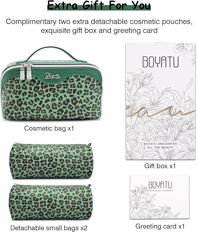 Travel Makeup Bags Organizer for Women: 3 Pcs Set Cosmetic Bag - Large Make up Bag with Compartments - Flat Open Waterproof Leather Toiletry Bags for Skincare, Brushes & Travel Essentials - Green