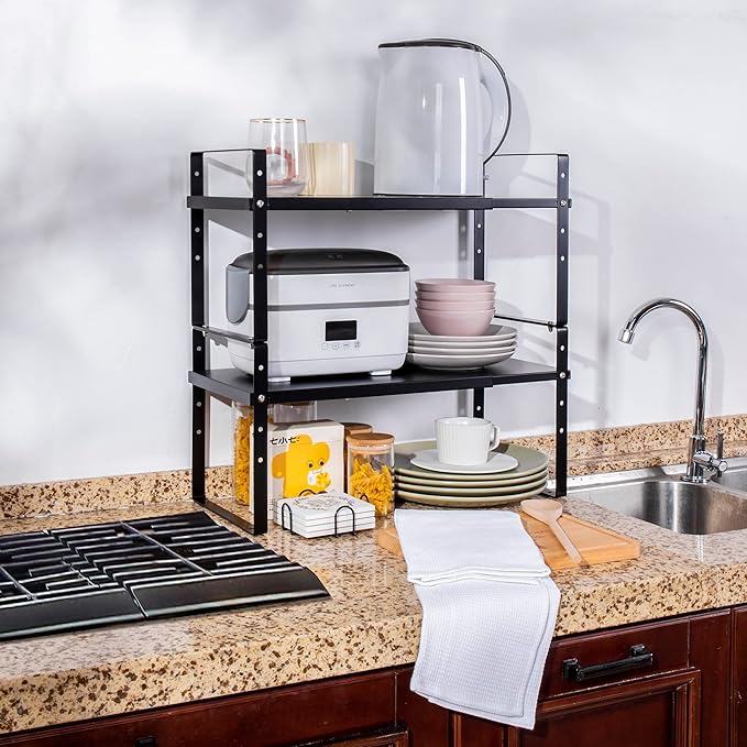 Expandable Cabinet Shelf Organizer Rack, Stackable Kitchen Counter Storage Shelves Stand, Adjustable Height Pantry Shelf Spice Rack