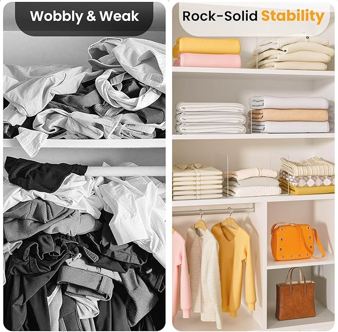 Purse Organizer for Closet Shelf Dividers - 10" Tall X 12" Deep Clear Acrylic Shelf Dividers for Closet Organization - Free-Standing Adhesive Design for Wood & Wire Shelves Bedroom Kitchen 12 Pack