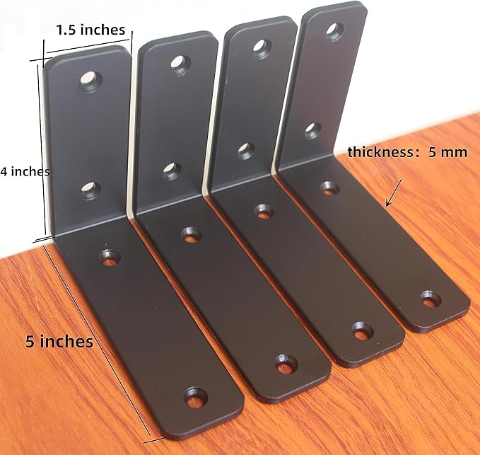 6 Pack - L 5" x H 4" x W1.5, 5mm Thick Black L Shelf Bracket, Iron Shelf Brackets, Metal Shelf Brackets, Floating Shelf, Shelf Supports with Screws