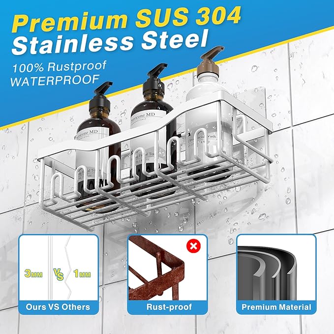 Shower Caddy 5 Pack,Adhesive Shower Organizer for Bathroom Storage&Home Decor&Kitchen,No Drilling,Large Capacity,Rustproof Stainless Steel Bathroom Organizer,Shower Shelves for Inside Shower-Larger