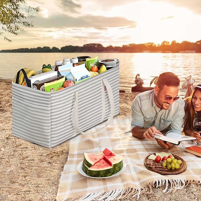 LHZK Standing Extra Large Utility Tote Bag with Metal Wire Frame and the Sides Rinforced, Extra Large Tote Bag with Handle, Reusable Grocery Bags Foldable, Beach Bag, Car Tote (Grey, 26''x15''x13'')