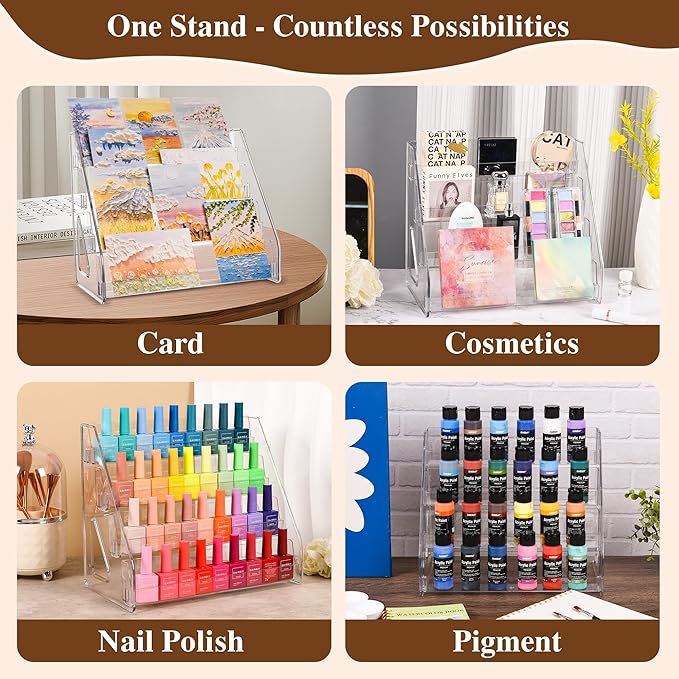 CELSOL Elevated 4 Tier Clear Acrylic Card Display Stand for Trading Cards, Sports Cards, Greeting Cards, Stickers – Slanted Holder for PSA Slabs, Vendors, Collectors & Retail (4 Tier 1 Pack)