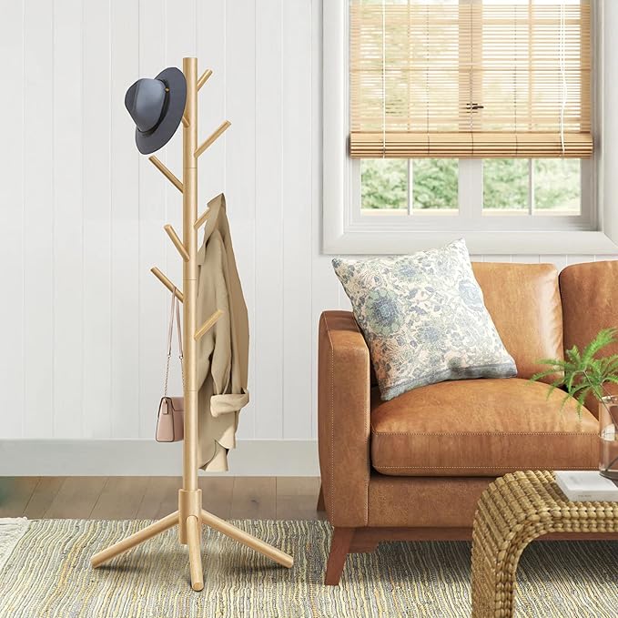 Coat Rack, Coat Racks Freestanding with 8 Hooks 3 Adjustable Heights for Clothes, Hats, Handbags, Coat Tree Easy Assembly for Entryway, Bedroom, Hallway, Office(Nature 2PCS)