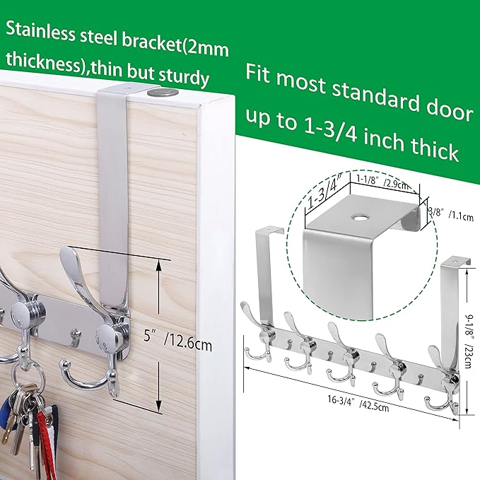 WEBI Over The Door Hook,Door Hanger Hook Rack with 5 Tri Hooks for Hanging Coats, Over The Door Towel Rack Door Coat Hanger Door Coat Rack for Bathroom,Behind Back of Door,Silver