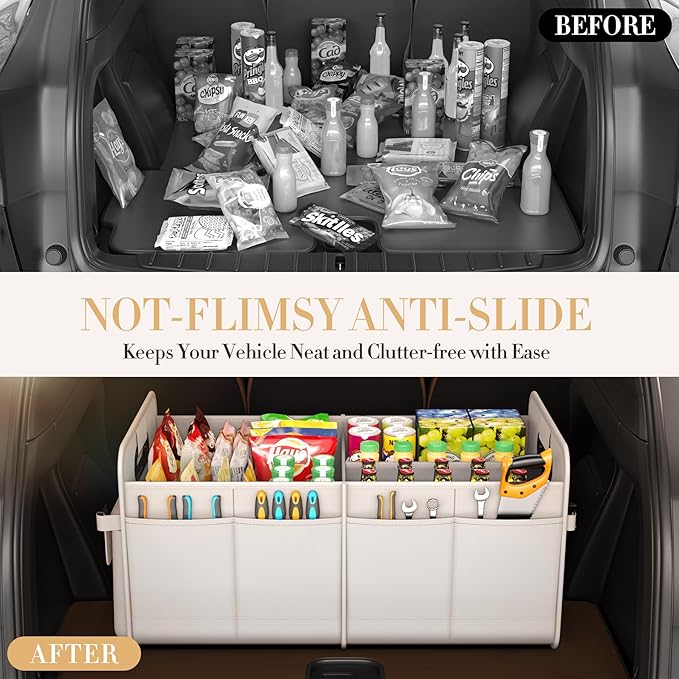 titiyiof Trunk Organizer For Suv & Sedan,Car Organizers and Storage, Waterproof Collapsible & Adjustable Straps,75L Sturdy Car Organization for Car Accessories, Tools,Sundries,2-3 Compartment（Beige）