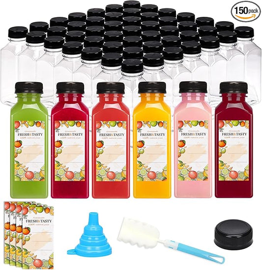 TOMNK 150pcs Juice Bottles, 12oz Reusable Plastic Juice Bottles with Caps and Labels, Funnel, Brush Beverage Containers for Juicing, Smoothies, Tea, Milk
