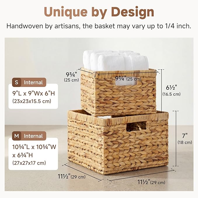 StorageWorks Wicker Storage Basket, Water Hyacinth Basket for Organizing, Decorative Water Hyacinth Storage Baskets, Set of 2, Large and Small