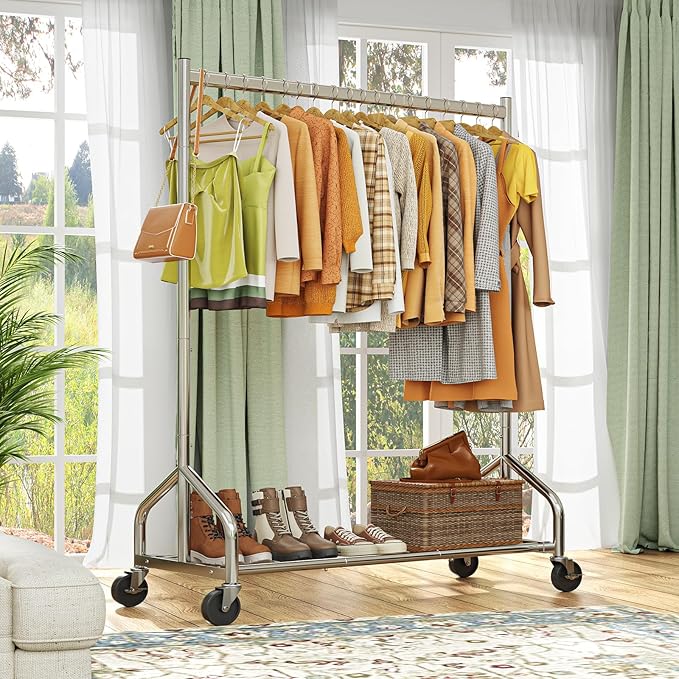 Simple Trending Heavy Duty Clothes Rack Load 420 LBS, Rolling Clothing Racks for Hanging Clothes, Metal Garment Rack with Wheels, Bedroom, Laundry Room, Silver