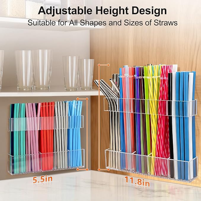9.5” Large Acrylic Straw Holder for Cabinet Door, Reusable Adjustable Two-Part Straws Organizer with Ultra Sticky Adhesive Strips, 2026 Straw Storage for Kitchen Cupboard